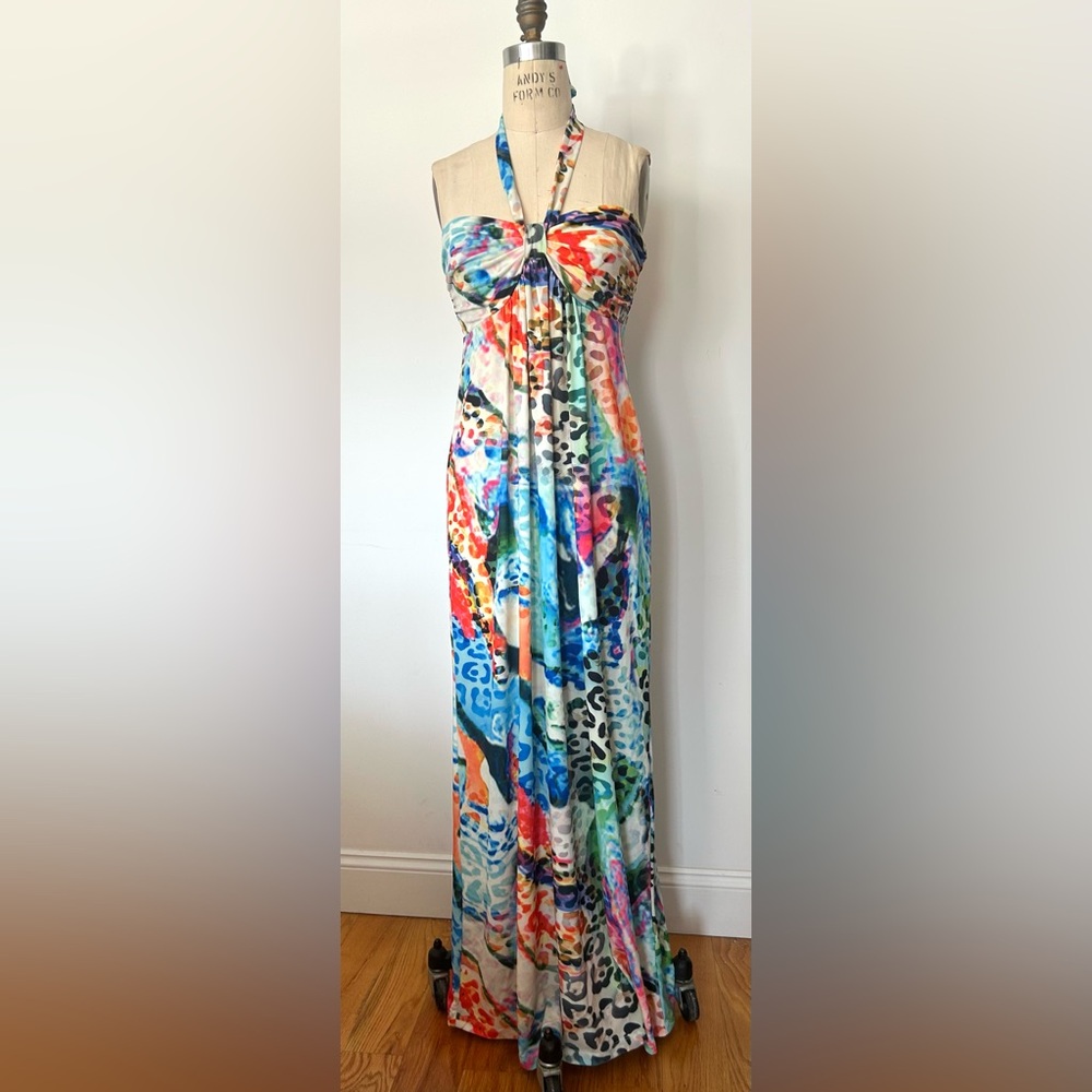 VENUS Multicolor Leopard Watercolor Halter Maxi Dress. Size S
